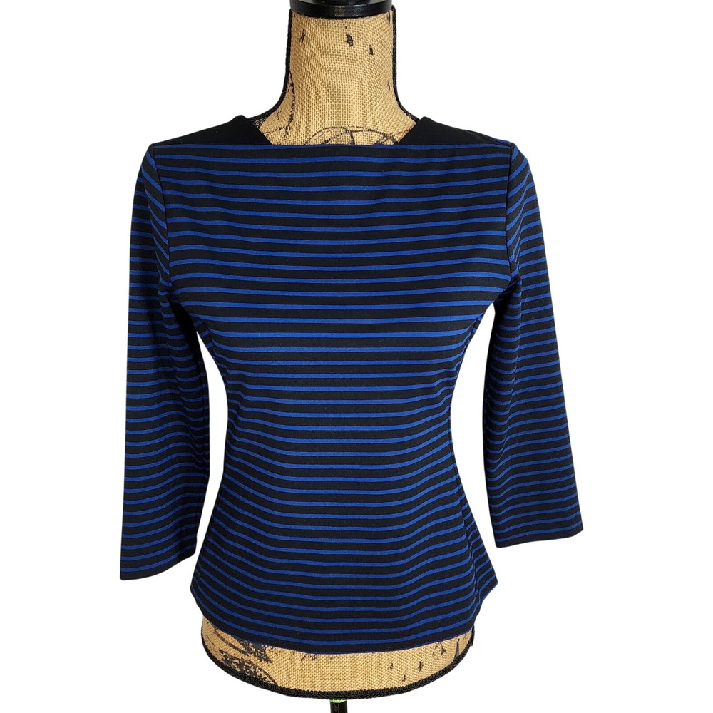 New! CASLON Size Small Zipper Back Blue & Black Striped 3/4 Slv Cotton Blend Top